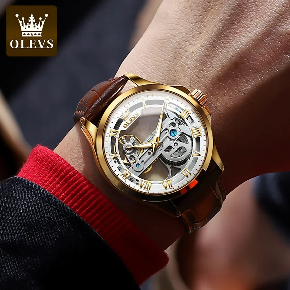 OLEVS Luxury Automatic Mechanical Watch for Men Skeleton Dial Leather Strap Waterproof Luminous Fashion Business Man Wristwatch