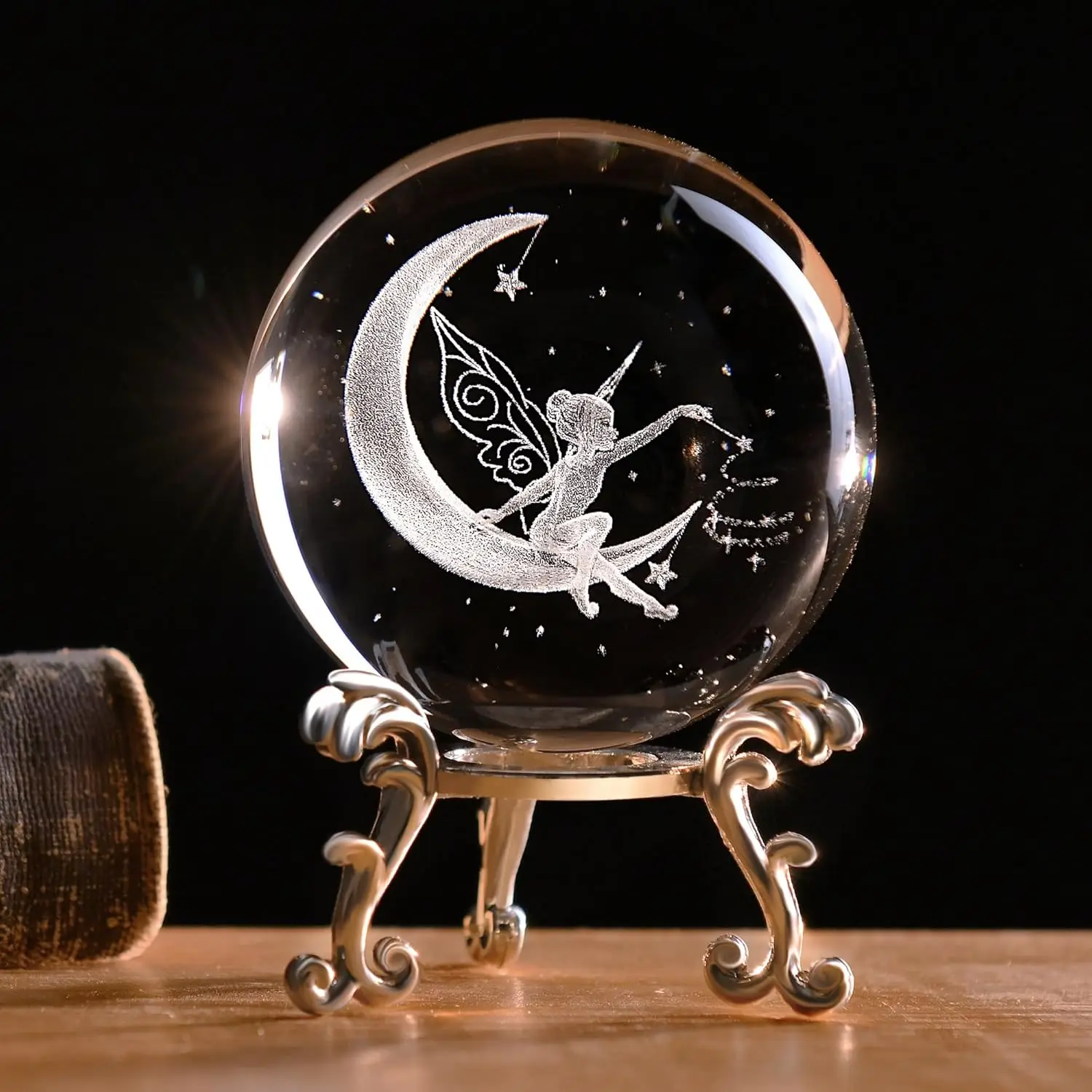 

3D Fairy Crystal Ball with Stand Fairy Figurine Moon Decor 6cm Glass Sphere Paperweight Gifts for Women Girls Mom