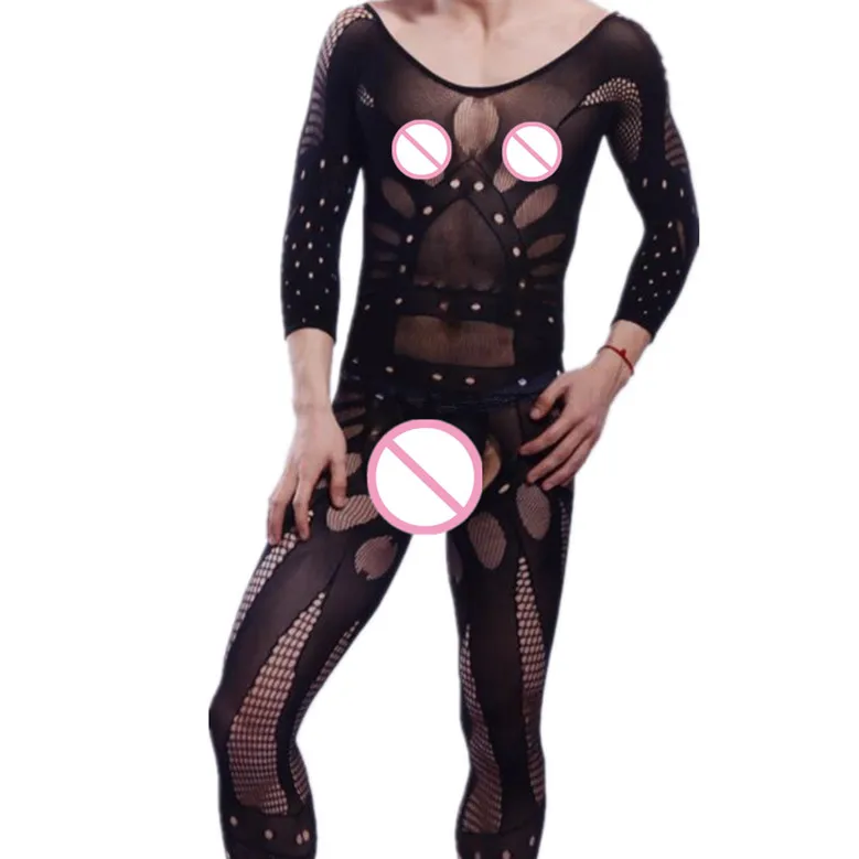 Men's Sexy Onesie Short Sleeve Hollow out Floral Personalized Open Crotch No Need to Remove Thickened Net Suit Uniform