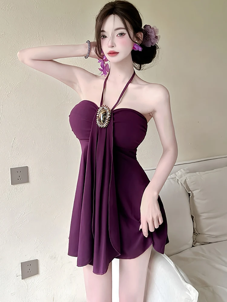 Damska Fioletowa Elegancka Sukienka Mini z Diamentami, Seksowna Sukienka na Szyję, Letnia Elegancka Luksusowa Suknia, Nowa Koreańska Sukienka Bodycon na Urodziny 2025