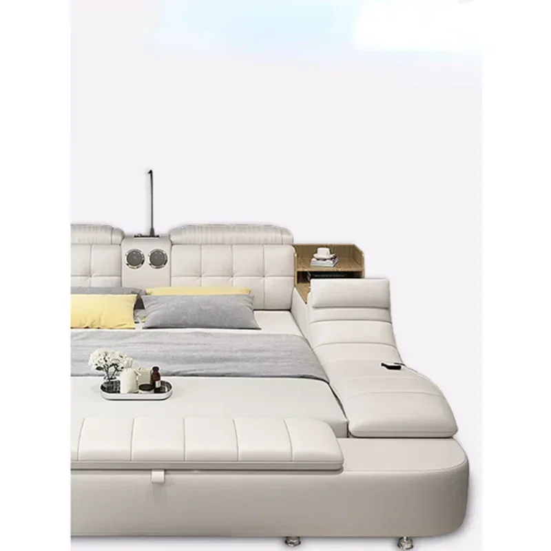 -Genuine Leather Bed Frame Soft Beds Massager Storage Safe Speaker Led Light Bedroom Recharging Bluetooth Safe Usb