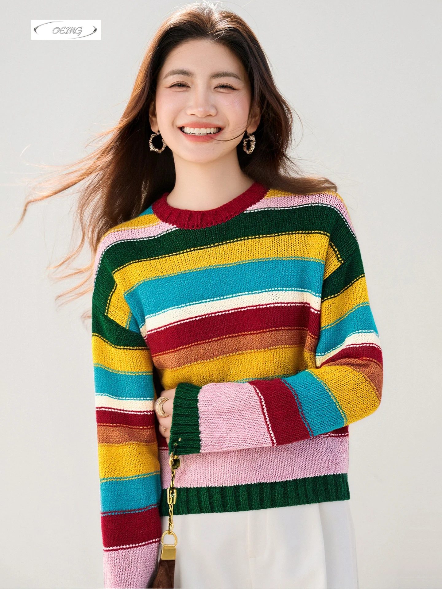 

Rainbow Striped Long Sleeve Basic Knitted Pullover Sweater for Women Autumn Winter Korean Sweet Loose Y2K Tops Knitwear 9771