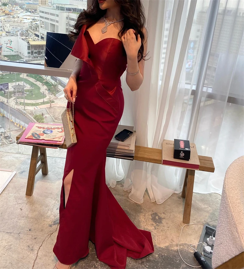 Burgundy Red Long Mermaid Night Prom Dresses One Shoulder Sleeveless Custom Formal Evening Gowns Arabic Split Vestidos De Fiesta