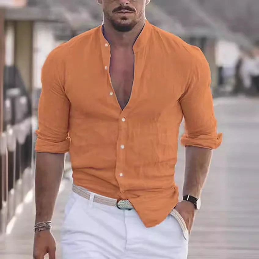 New Men\'s Summer Cotton Linen Shirt Beach Shirt Long Sleeved Solid Color Hawaiian Holiday Clothing Men Shirt