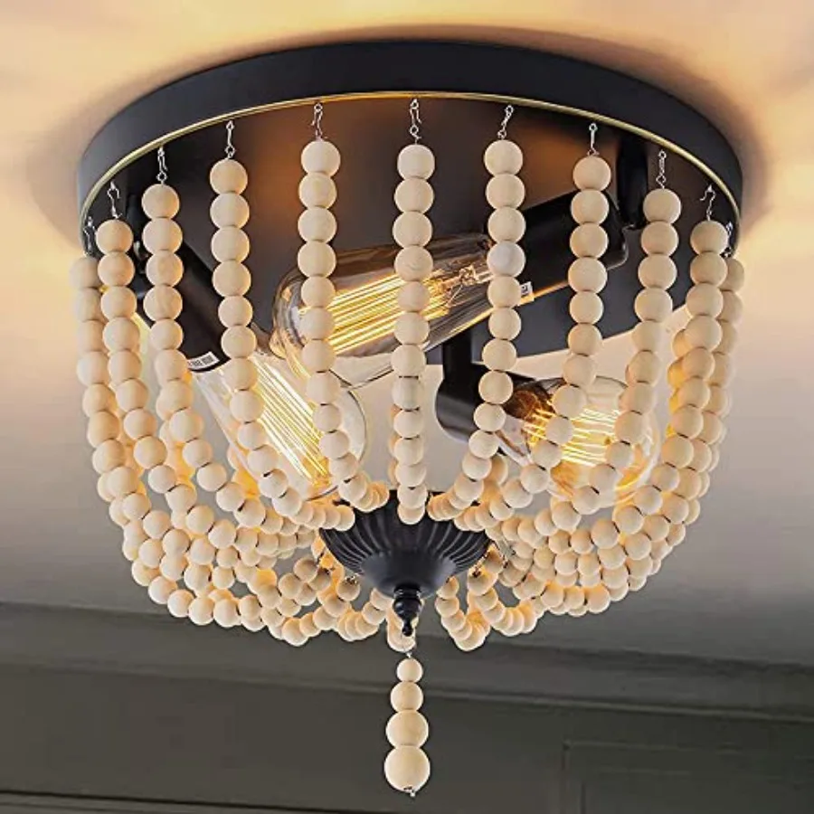 

Farmhouse Wood Beaded Flush Mount Ceiling Light3-Light Boho Wooden Bead Chandelier Vintage Lighting Fixtures for Entryway Hallw