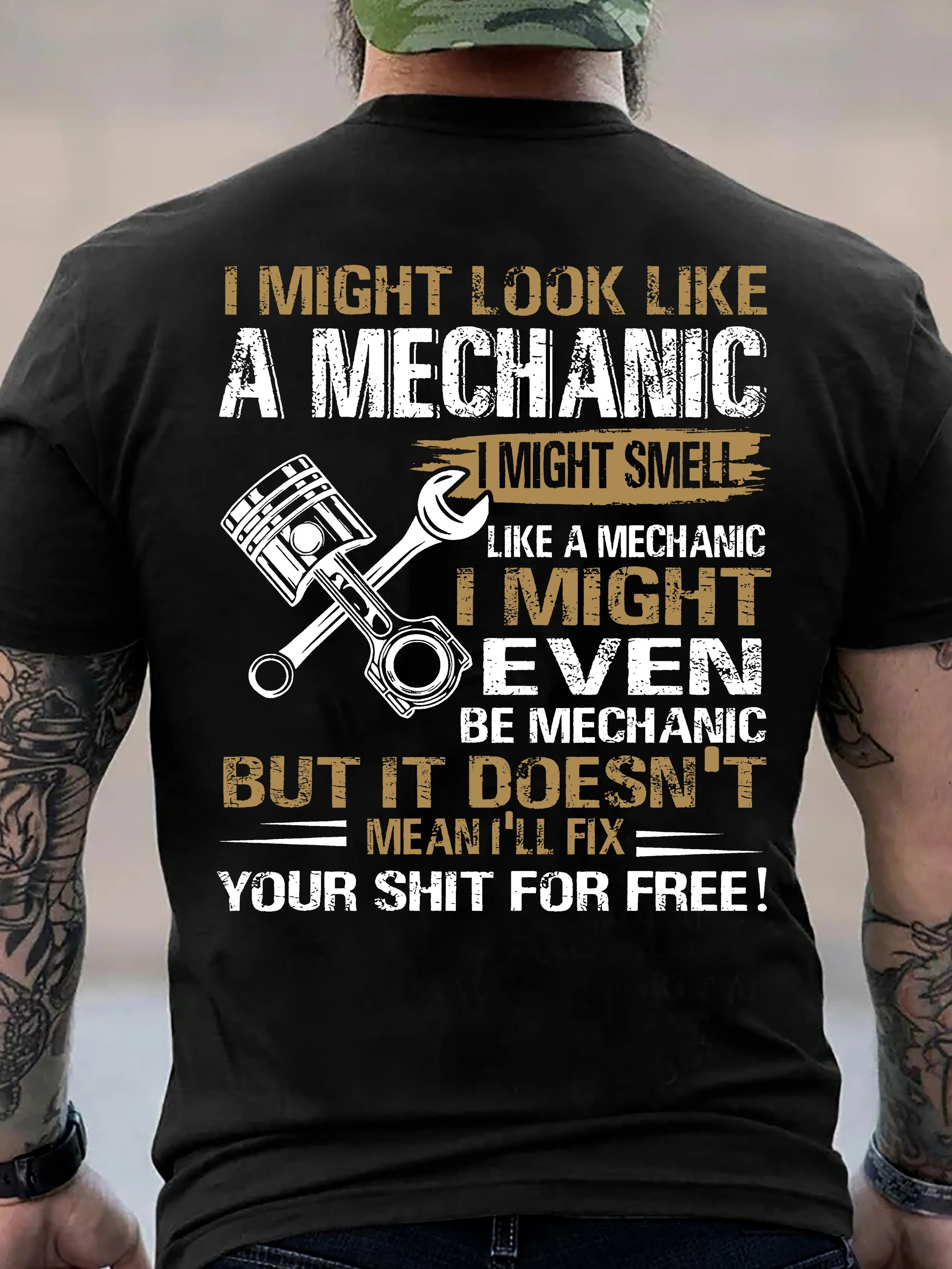 T-shirt pour homme avec citation amusante sur le thème de la mécanique, imprimé au dos, motif clé à molette et piston, col rond, manches courtes