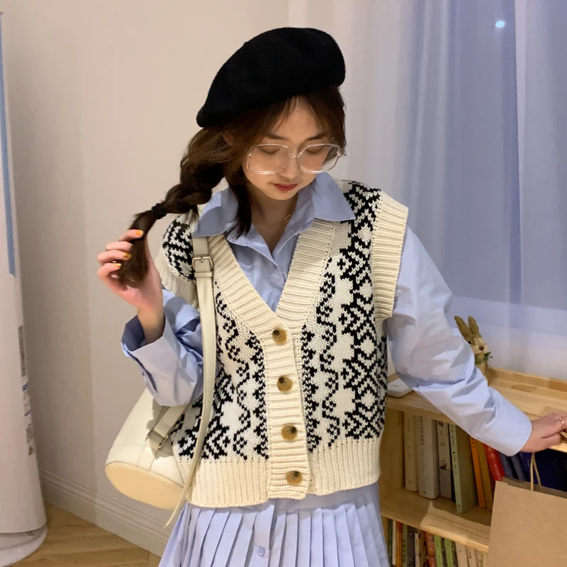 Fair Isle maglione gilet per le donne scollo a v abbottonato senza maniche maglia geometrica Teen-girl Vintage autunno inverno vestito di natale