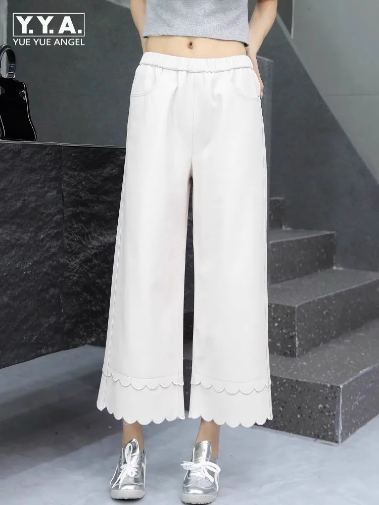 Spodnie damskie z prawdziwej skóry owczej, proste nogawki, elastyczna talia, szerokie nogawki, jesienne spodnie ze skóry naturalnej, długość do kostek, koronkowe spodnie, wyprzedaż.