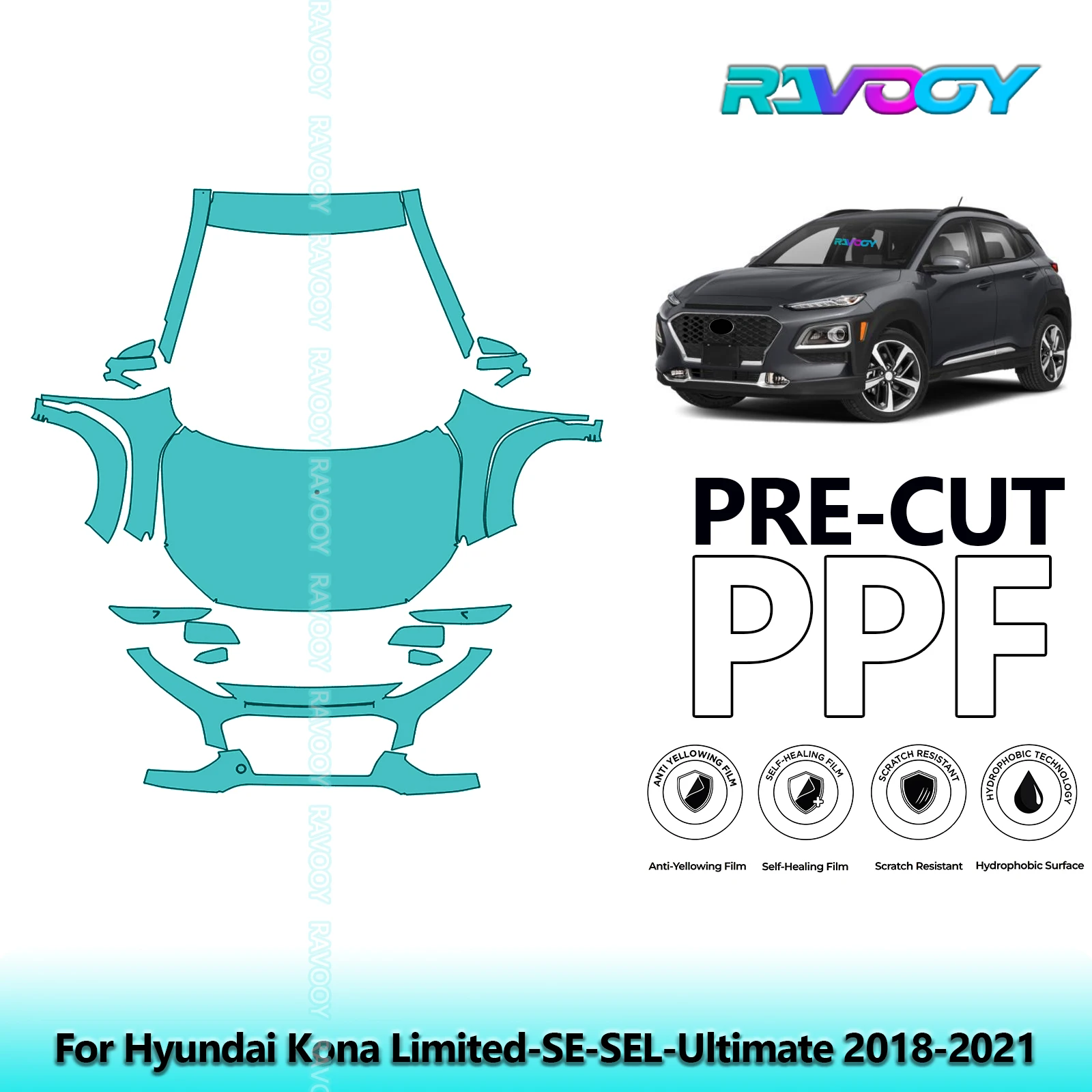 

8.5Mil Front Kit Precut Paint Protection Film PPF Clear Bra For Hyundai Kona Limited-SE-SEL-Ultimate 2018-2021
