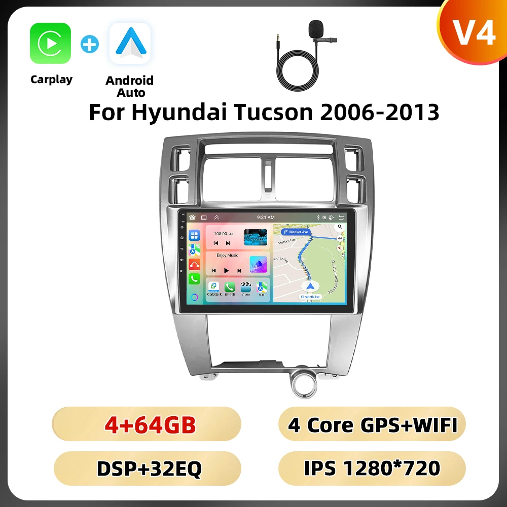 Podofo 8 128G 2din Autoradio Voor Hyundai Tucson 2006-2013 Multimediaspeler Carplay Android Auto Gps 8Core Dsp Fm Rds Auto Audio