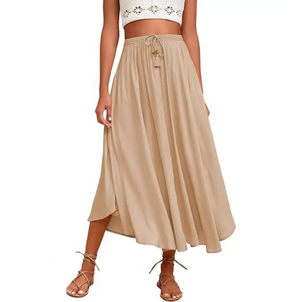 Hoge Taille Rok Flowy Elastische Hoge Taille Midi Rok Voor Vrouwen Verstelbare Trekkoord Streetwear Zachte Polyester Vezel Rok