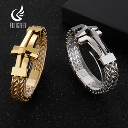 Fongten 21.5cm Cross Mesh Chain Bracelet For Men Stainless Steel Wristband Male Magnetic Bangle Bracelets Multiple Color Jewelry