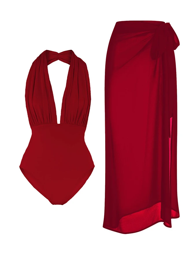 Bañadores de una pieza de diseñador para mujer, traje de baño rojo con cuello Halter y escote en V profundo, Bikini de tiras cubierto de triángulo ajustado de lujo