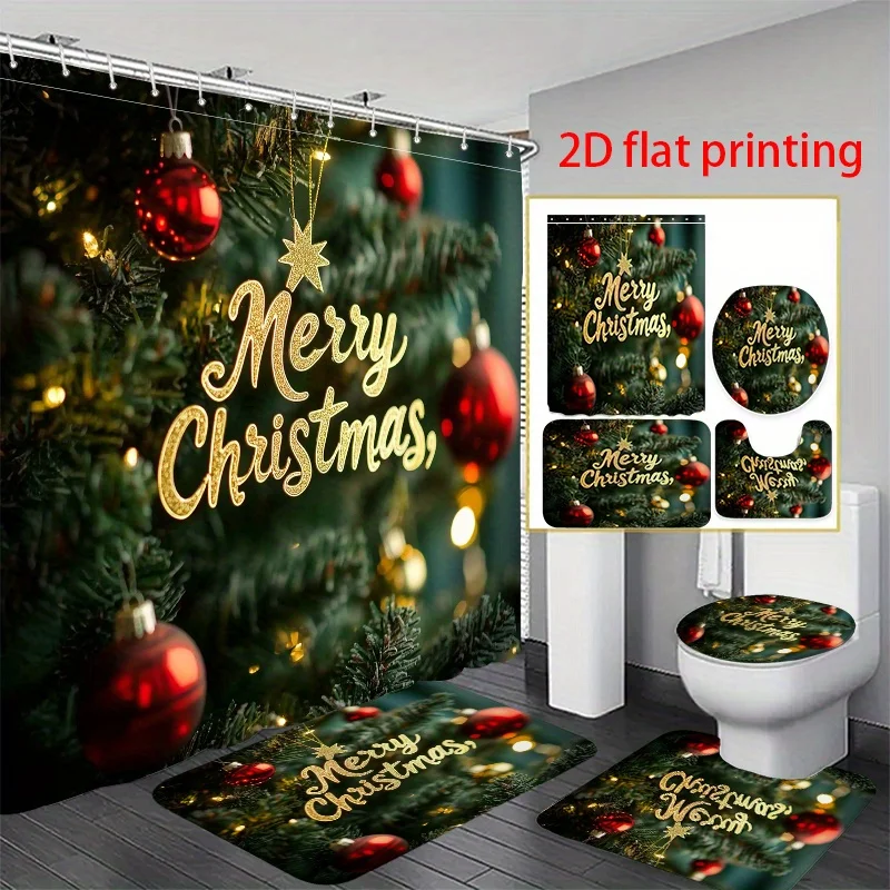 

4pcs 2D Flat Printing Shower Curtain Bathroom Set Merry Christmas Ornament on a Decorated Tree. Modern Home Decoration, Shower