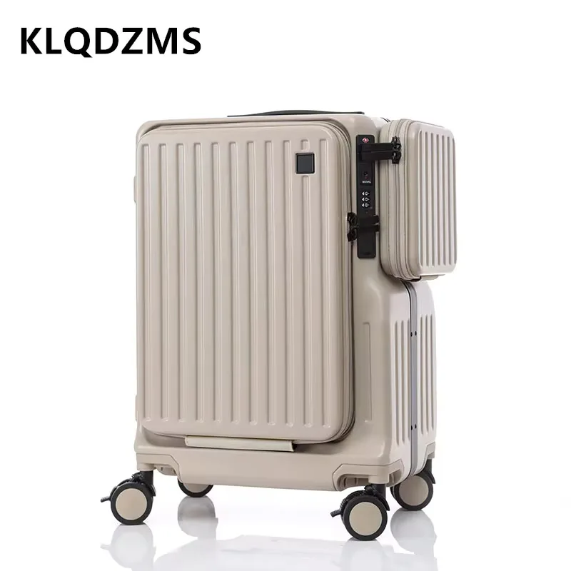 Klqdzms กระเป๋าล้อลากเปิดด้านหน้ากระเป๋าถือเดินทางแล็ปท็อป, เคสรถเข็นชาร์จ USB กระเป๋าเดินทางขนาด20นิ้ว ABS + PC