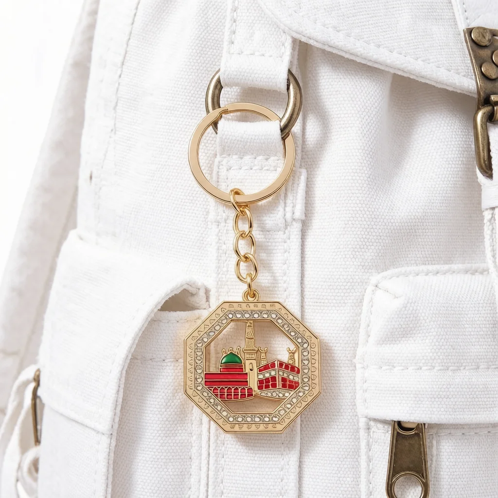 Luxury Gold Rhinestone Keychain Octagonal Shape Crystal Inlay Architectural Art Keyring Pendant Souvenir Gift for Backpack Decor