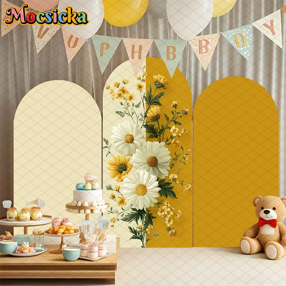 

Mocsicka Flower Arch Background Yellow Daisy Pattern Decor Birthday Party Arched Covers Backdrop Cloth Double-Sided Studio Props