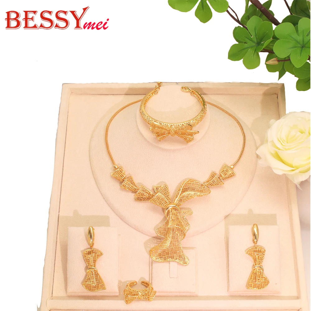 

Dubai 18K Gold Plated Big Jewelry Set For Wedding Party Statement Bow Bowknot Pendant Necklace Bracelet Earring Ring 2025 NEW