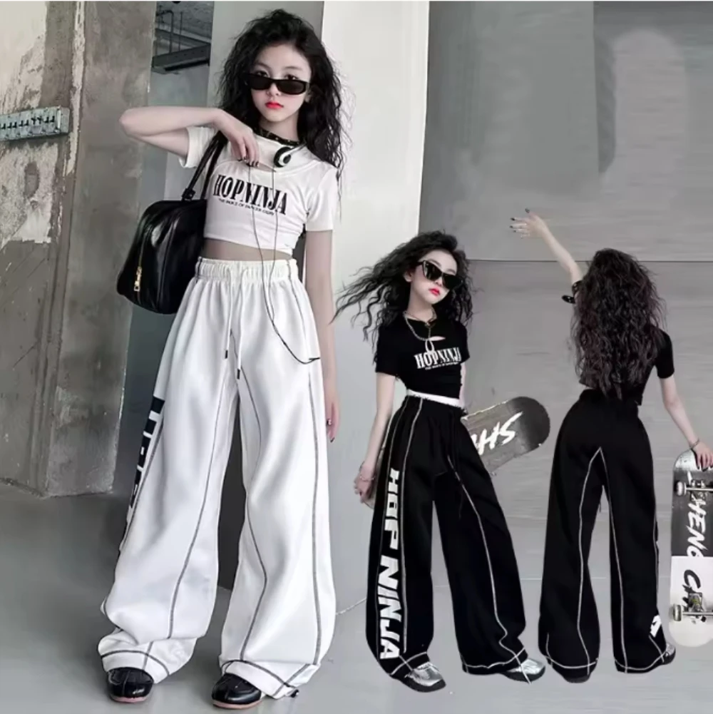 Sommer Teen Mädchen Drucken Hohl Kurzes T-shirt + Casual Sport Hosen Set Kind Hip Hop Jazz Street Dance Kostüm Anzug kinder Outfits