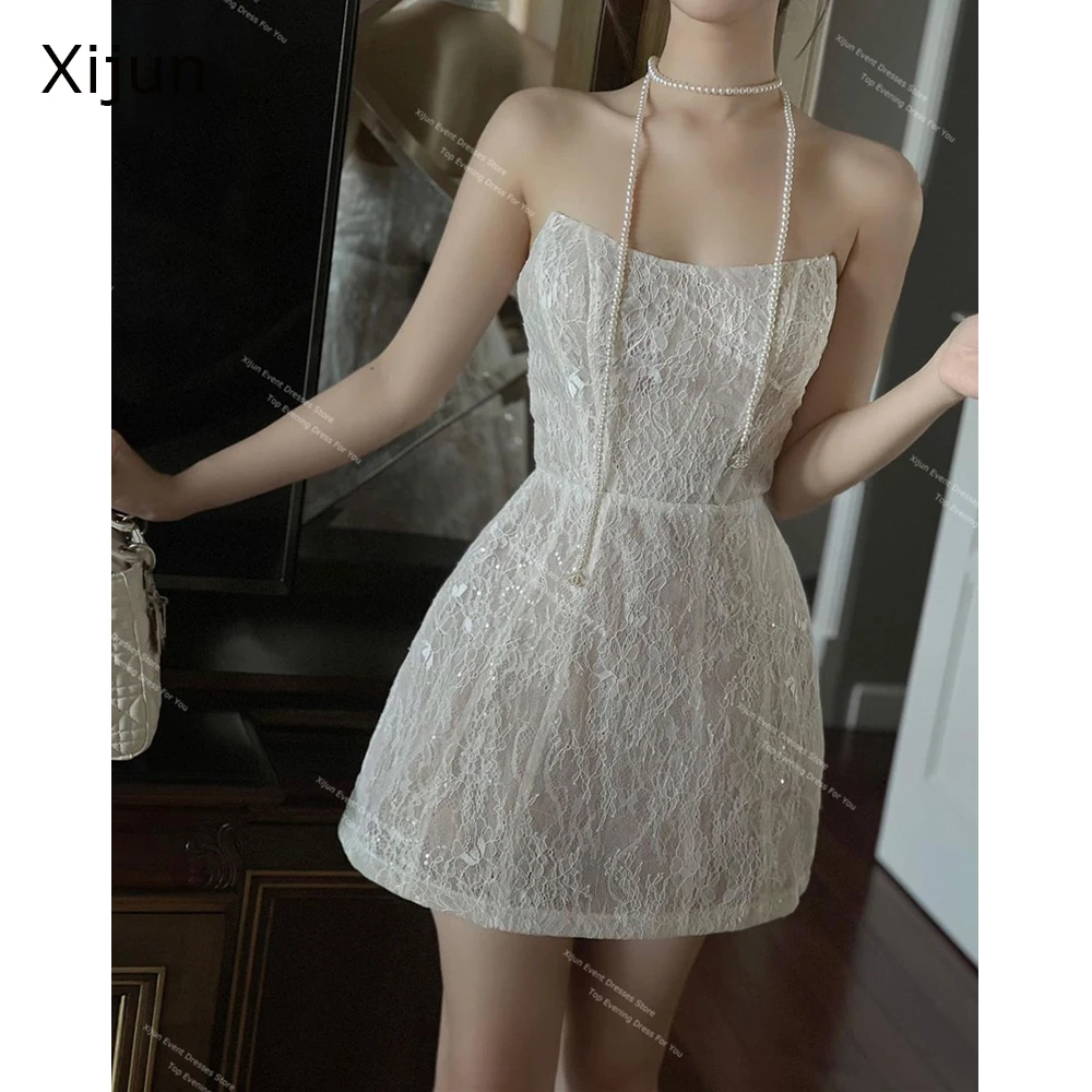 

Xijun Sexy Glitter Short Lace Wedding Dresses Strapless Mini Bridal Gowns Formal Party Bride Dress Modern For Korean Women 2024