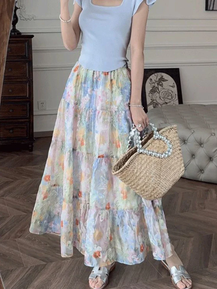 Mousseline de soie jupe longue florale femmes taille haute Vintage élégant doux jupes coréen rétro ample été femme une ligne jupe longue