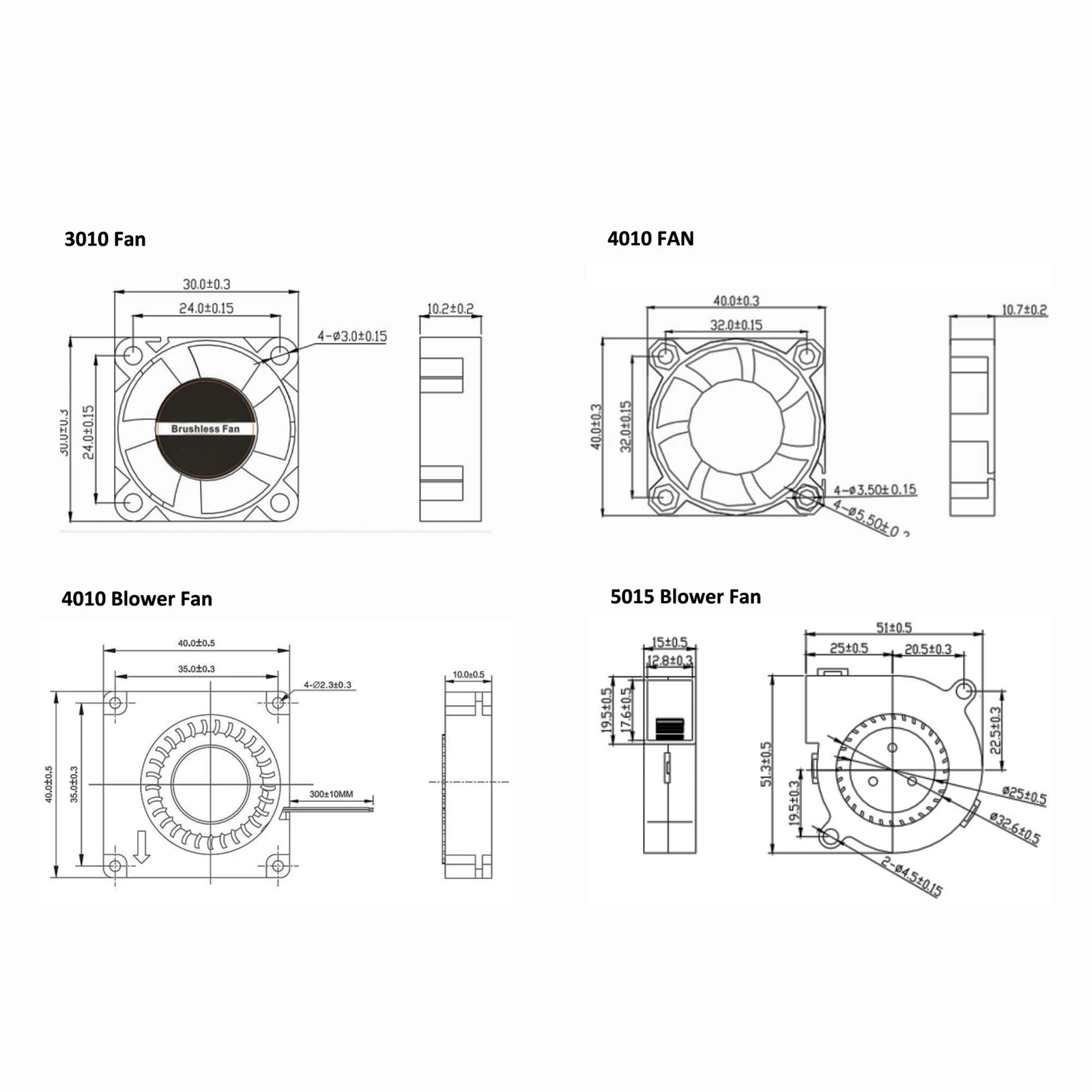 Fan 3010 4010 5015 DC 12V 24V 2 Pin With Connector Wire Brushless 30*30*10/40*40*10/50*50*15 Cooling Fan 3D Printers Parts