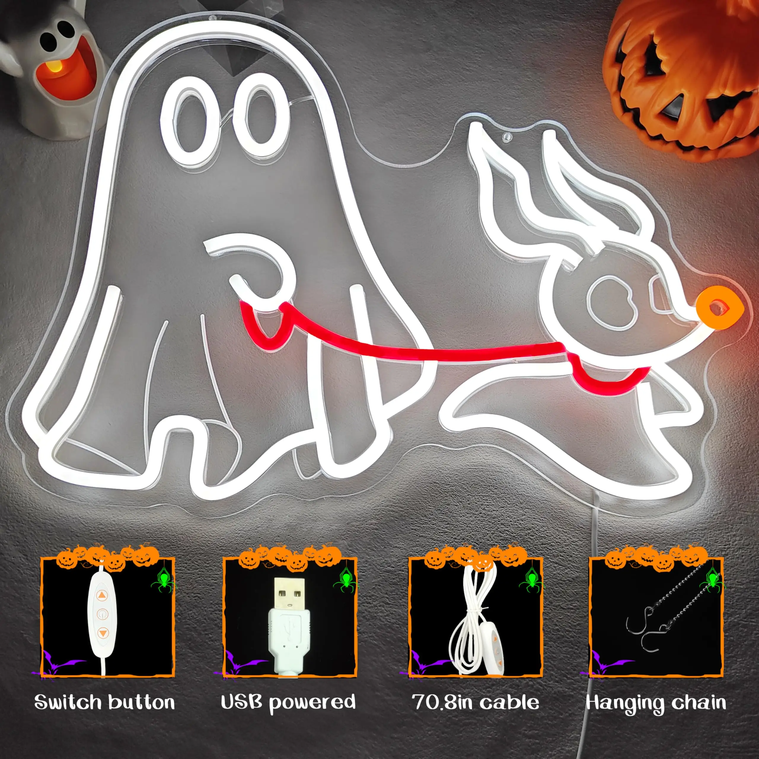 Letrero de neón de perro fantasma, luz de pared LED de Halloween con USB regulable, decoración espeluznante para mascotas para dormitorio, decoración de fiesta de Halloween de cueva de hombre