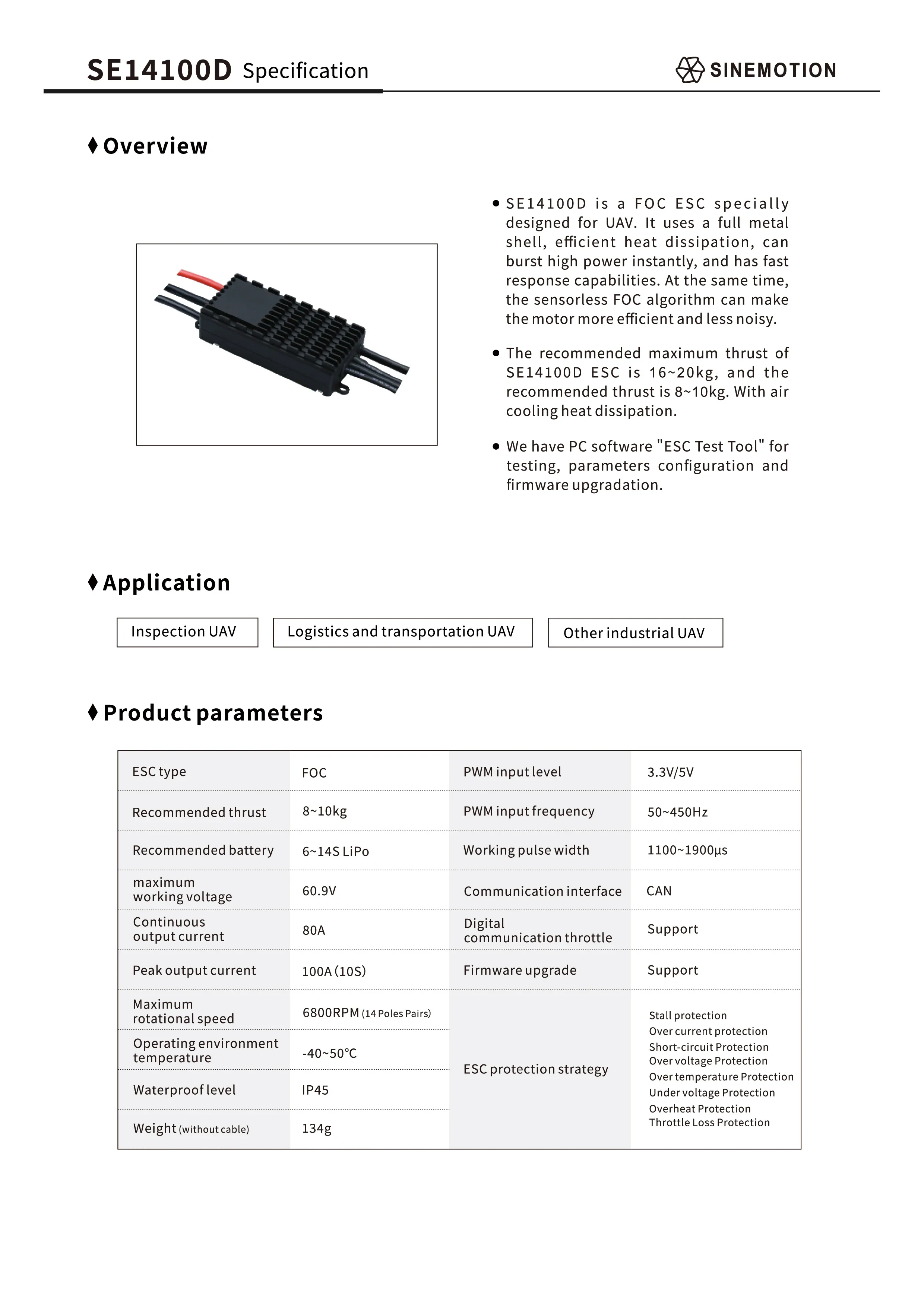 14100D 6-14S Lipo FOC ESC 80A 電子速度制御装置 8-10KG 推力 ESC 検査/物流ドローン用 CANプロトコル