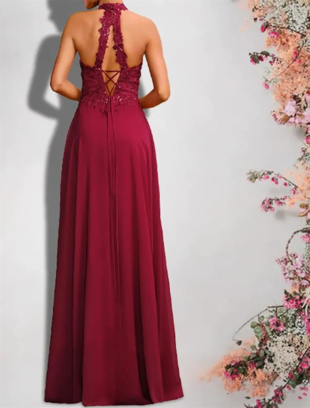 A-Line Bridesmaid Dress High Neck Sleeveless Sexy Floor Length Chiffon Lace with Sequin Appliques elegant dress women for weddin