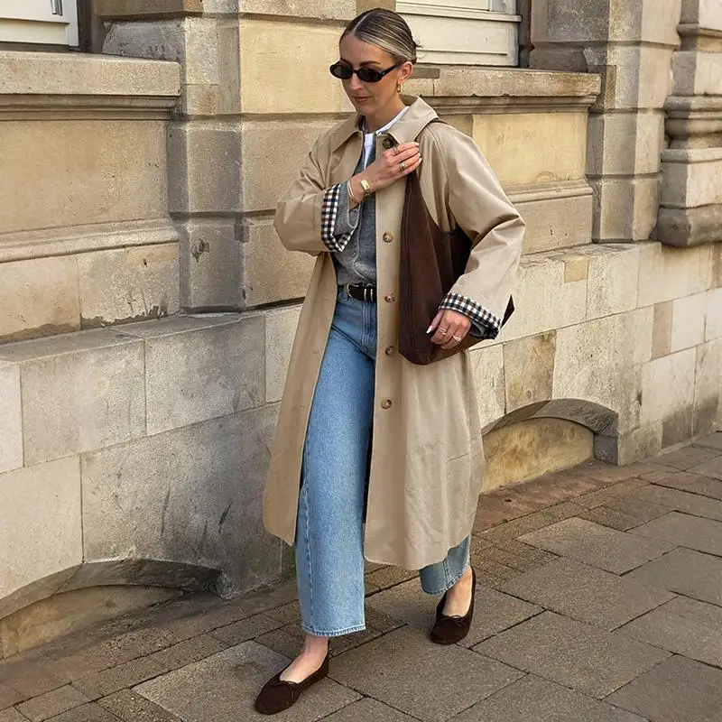 Women Khaki Lapel Collar Trench Coat Single Breasted Plaid Cuff Loose Fit Long Overcoat Fall Casual Outerwear Elegant Daily Wear
