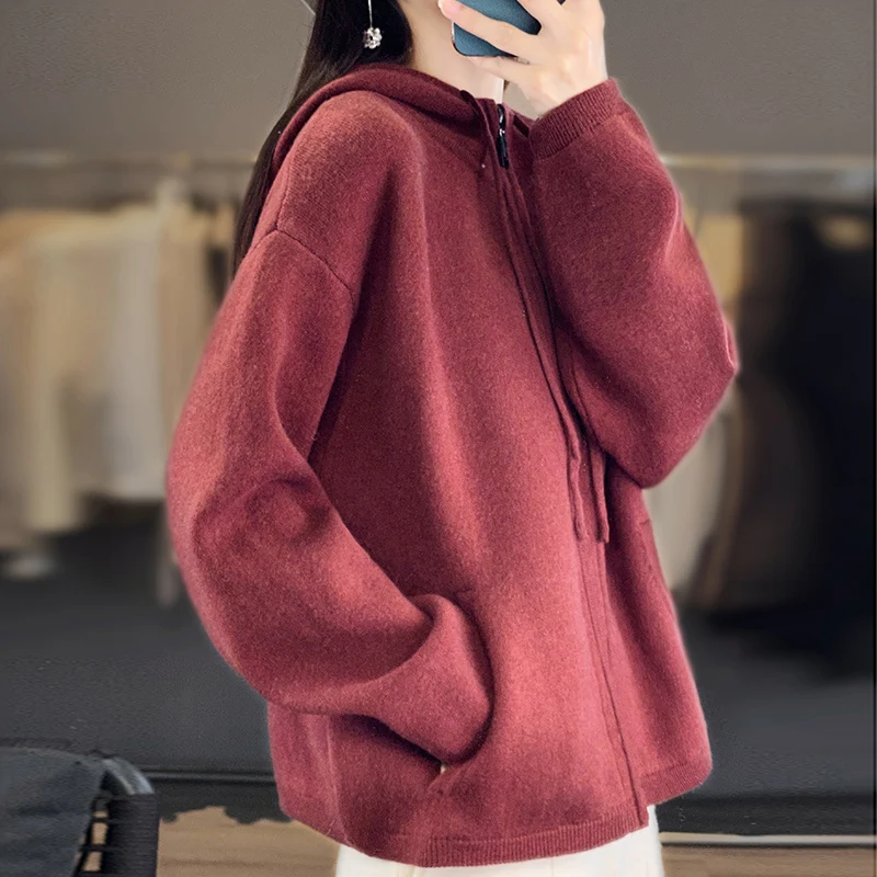 Autumn Winter New 100% Cashmere Knit Two Piece Set Women\'s Large Size Zipper Hooded Cardigan Korean Fashion Small Leg Pants Suit