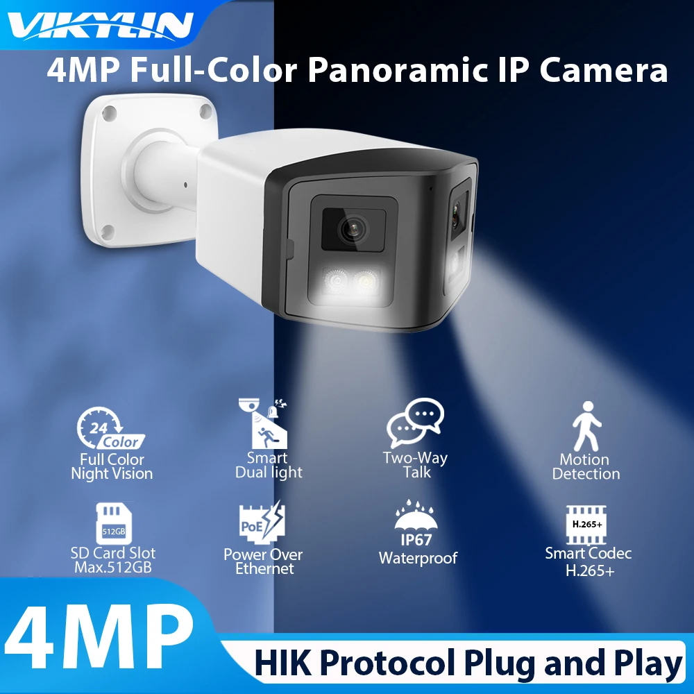 Vikylin Panoramic Security Camera Full Color 4MP Dual Lens 4MM IP Camera For Hikvision Compatible POE CCTV Surveillance Outdoor