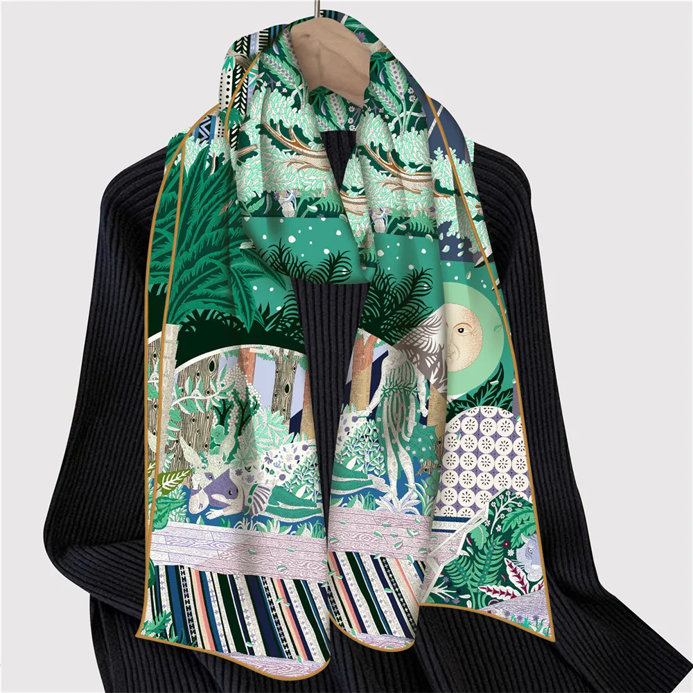 New Twill Silk Scarf Women Poncho Hand Rolled Sun Foreast Printed Long Scarves Wraps Bandana Big Shawl Hijabs Female Foulards