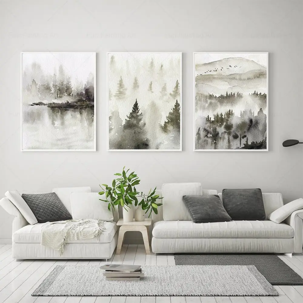 Watercolour Landscape Poster Green Mountain Art Picture Nature Print Nordic Wall Art Canvas Painting for Living Room Home Decor