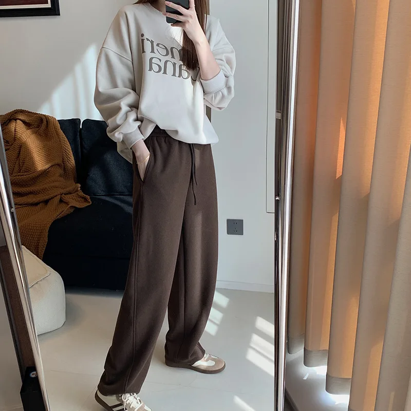 2025 Women's Autumn and Winter Thickened Casual Woolen Pants Loose Drape Straight Sports Wide-leg Pants