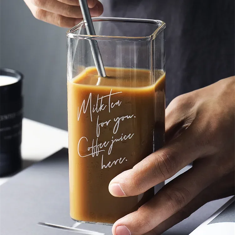 Square Transparent Creative Letter Glass Coffee Tea Mug  Drinks Dessert Breakfast Milk Cup Glass Mugs Handle Drinkware