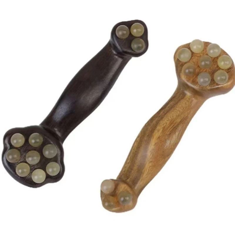 

Массажер Гуаша с двумя концами для лифтинга лица и расслабления мышц, с 11 латунными золотыми бусинами и сандаловым деревом, для массажа щек и глаз