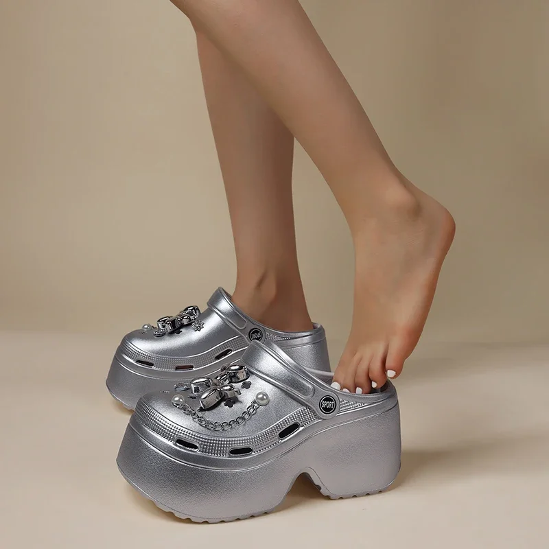 Women's Diy Clogs Summer 2026 Slip On Wedge Heels Chunky Platform Sandals Woman Silver Chain EVA Slippers Garden Shoes Woman - view 2