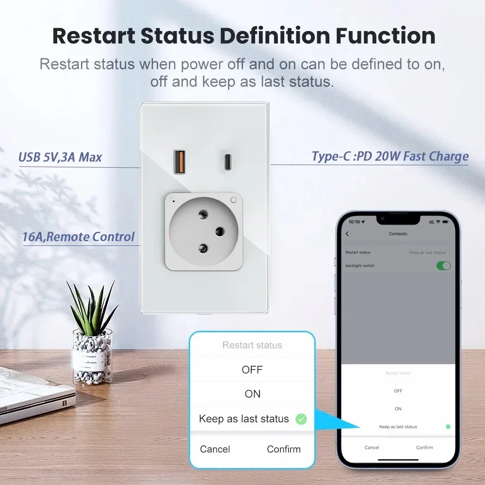 Shawader Tuya Israel Wall Socket USB Type-C PD 30W Charge Wifi Smart Plug Outlet Glass Panel Remote Control by Alexa Google Home