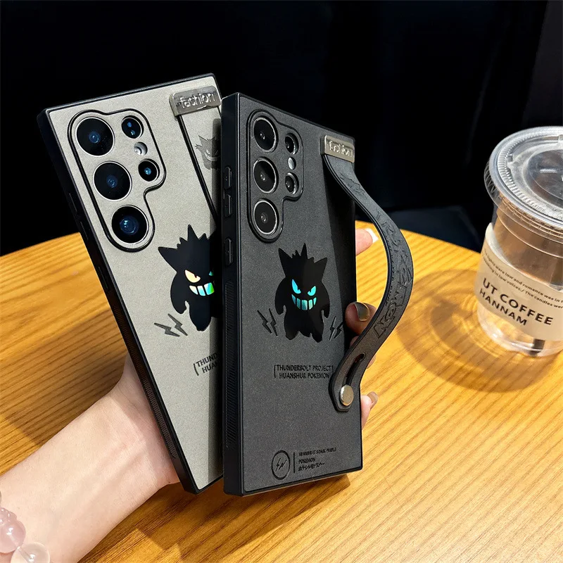 Niedliche Cartoon Gengar Kunstleder Laser mit Armband Handyhülle für Samsung Galaxy S25 S24 S23 S22 Ultra Plus stoßfeste Abdeckung