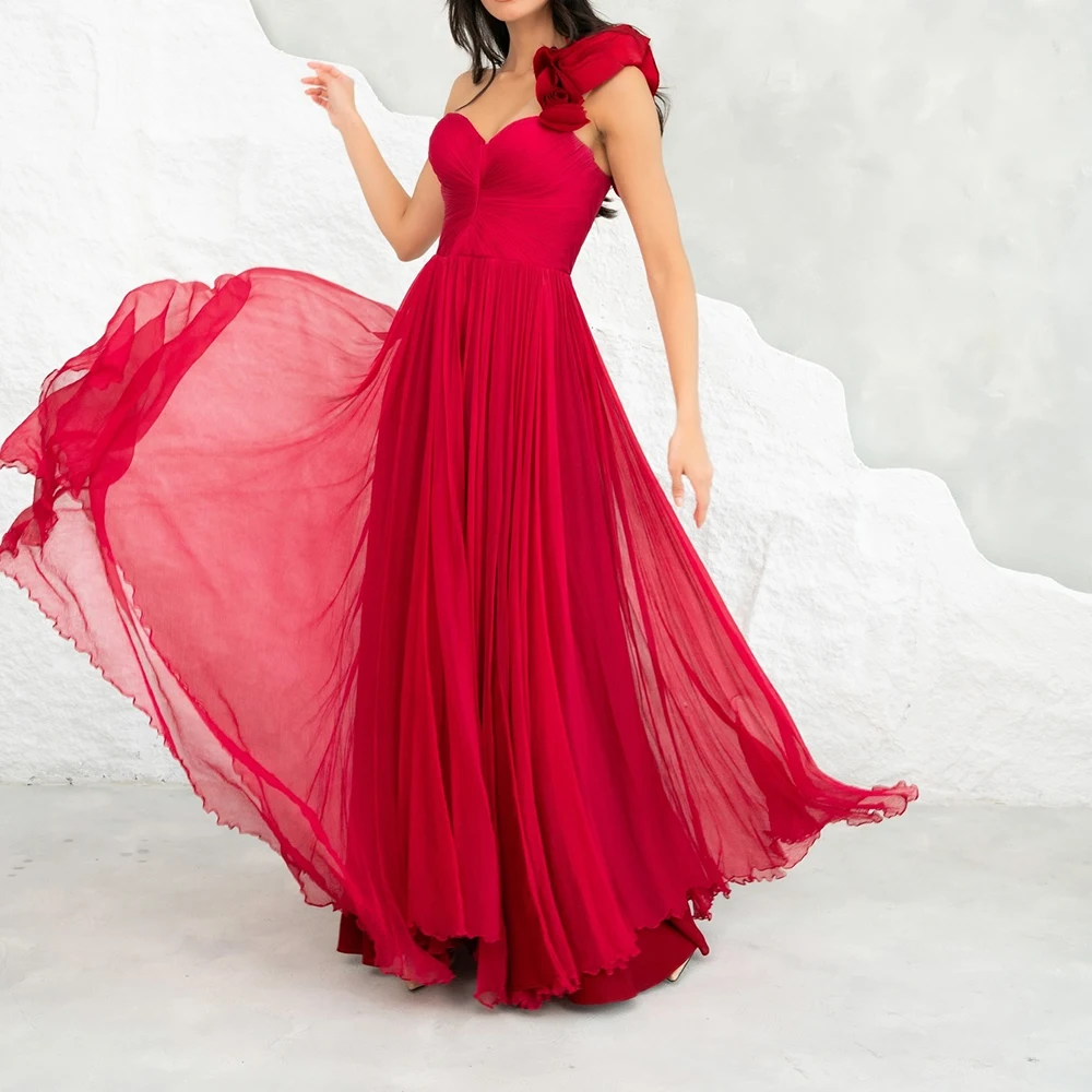 Customized Fashion Tulle Red One Shoulder Evening Dress Delicate Strapless A-Line Sleeveless Floor Length Vestidos De Fiesta