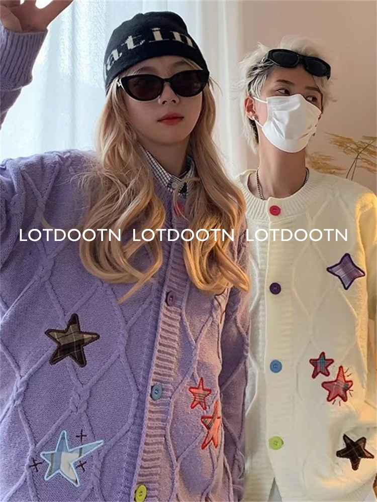 LOTDOOTN Couple Knitwear Star Y2k Harajuku Retro O-Neck Cardigan Sweaters Pattern Knitted Warm Loose Oversized Sweatshirt Women