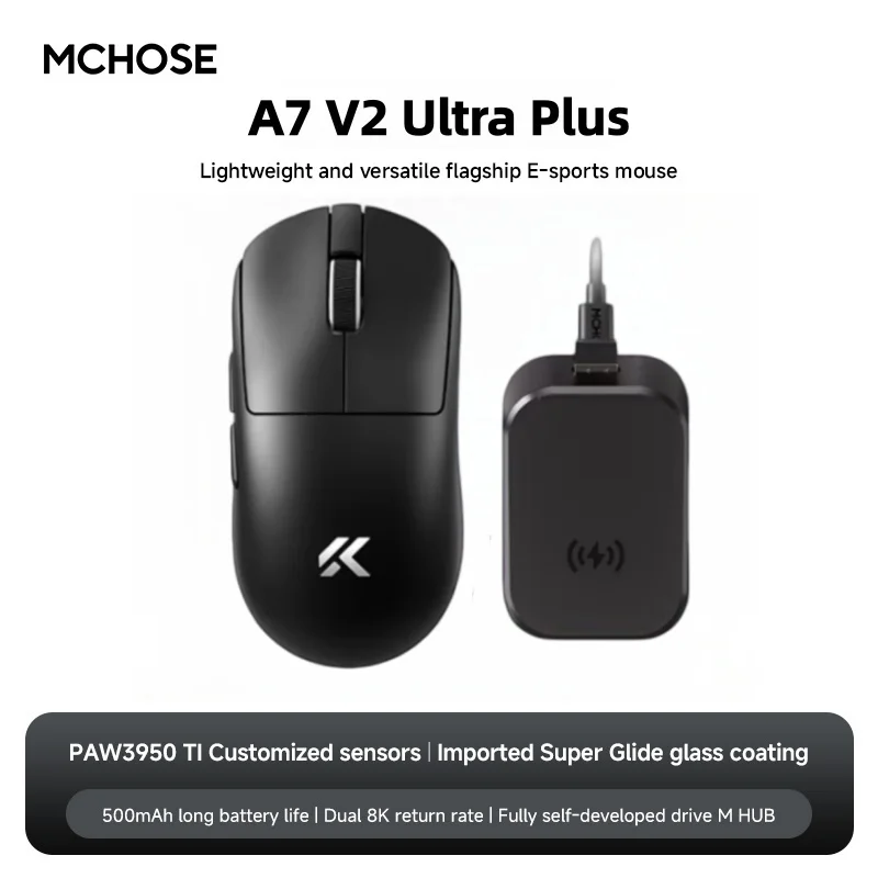 MCHOSE A7 V2 Ultra Gaming Muis PAW3950 TI Sensor Dual 8000Hz 20000fps 42000DPI 750IPS Geïmporteerde Super Glide Glas Coating CSGO