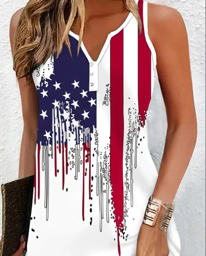 Women's Casual A Line Dress Female Clothes 2024 Summer New Fashion Independence Day Flag Print Notch Neck Vacation Tank Dresses