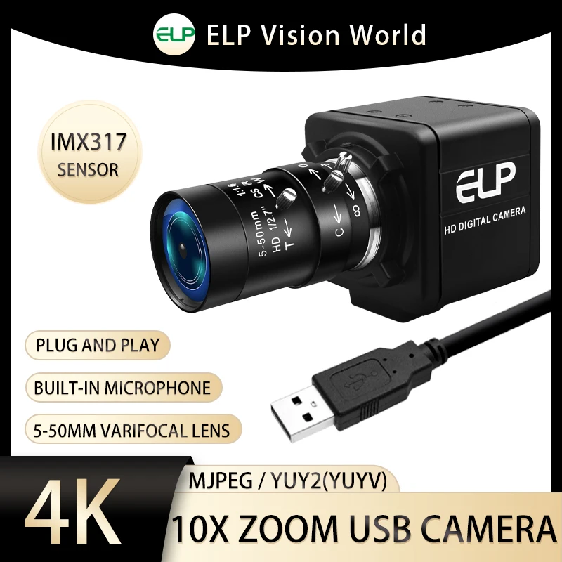

ELP 4K USB Camera 10X Optical Zoom Webcam Built-in Microphone For Video Conference Live Streaming Sony IMX317 Sensor Webcamera