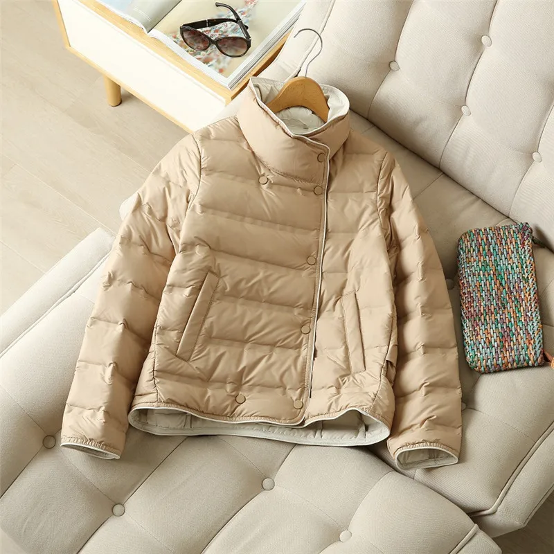 Light White Duck Down Coat Parkas Autumn Winter Women Single Breasted Warm Down Jacket Female Long Sleeve Loose Short Outwears