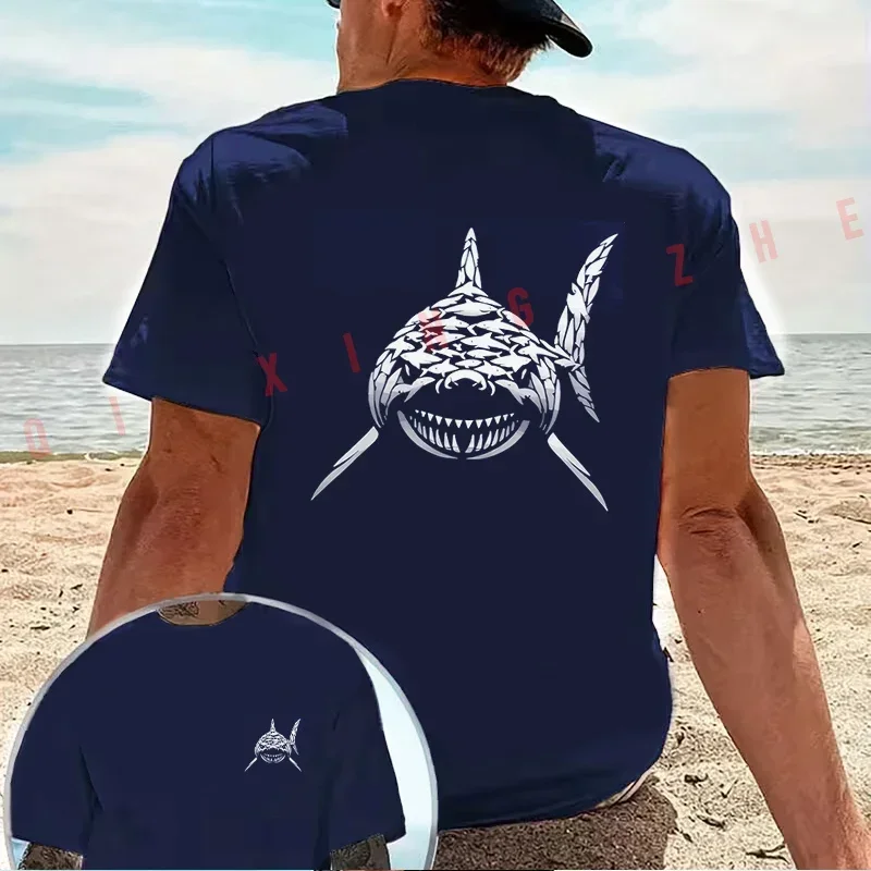 Creative Fish Group Forming Shark Print Motorcycle T-Shirt Cotton Double-Sided Print Men Short Sleeve Summer Tops