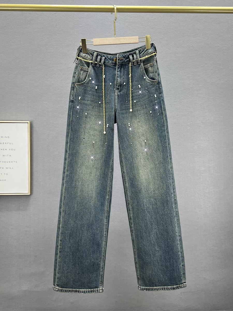 

Женские джинсы с высокой талией, свободные, широкие, в пол, с декоративными элементами, из денима, осенняя новинка, износостойкие