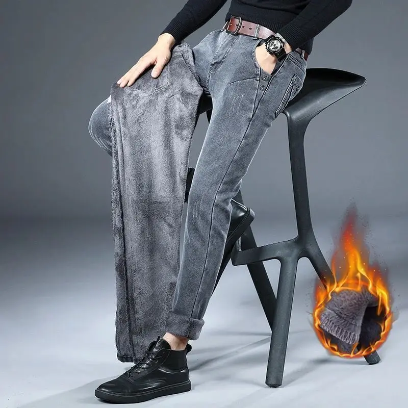 2024 New Fashion Winter Open Crotch Outdoor Sex Jeans Slim Fit Stretch Thick Velvet Pants Warm Denim Casual Fleece Trousers Male