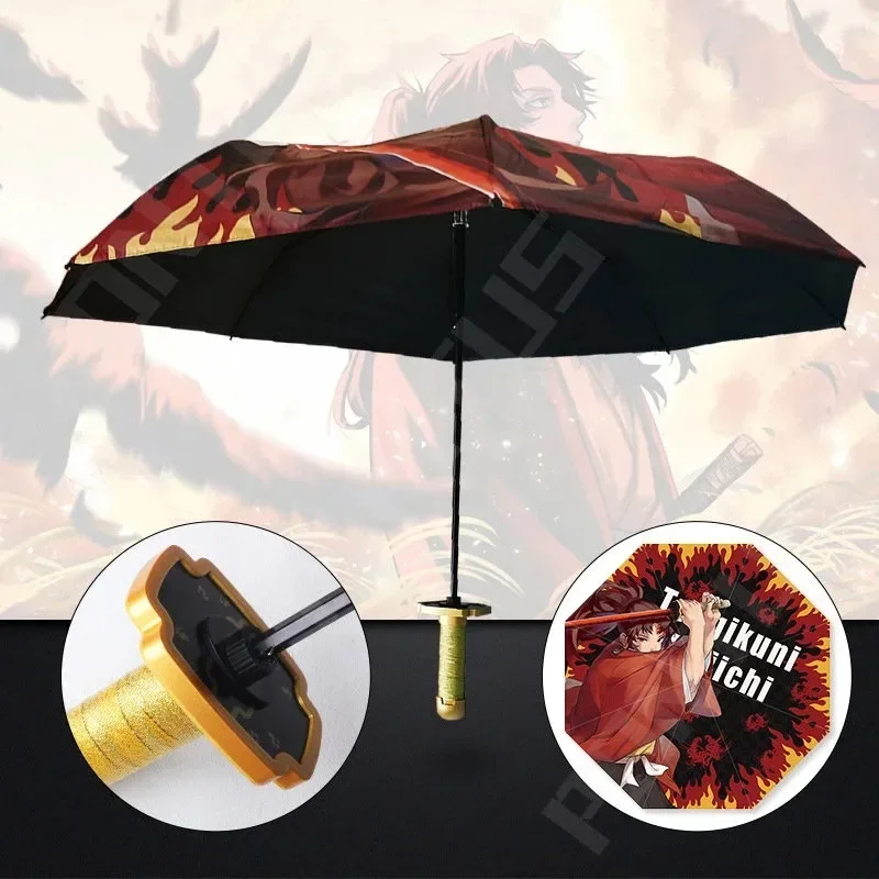 Demon Slayer Katana Umbrella Three-folding Anime Rain Parasol Kimetsu No Yaiba Rengoku Kyoujurou Japanese Samurai Sword Umbrella